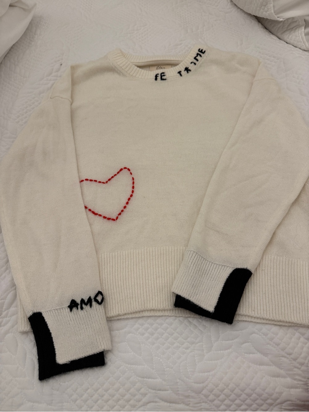 Elan Cream Crewneck Sweater with Red Heart & Black Trim